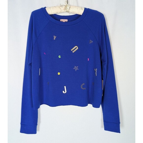 Juicy Couture Sweater L Women's Blue Spell Out Raw Hem Long Sleeve Pullover - Picture 1 of 8